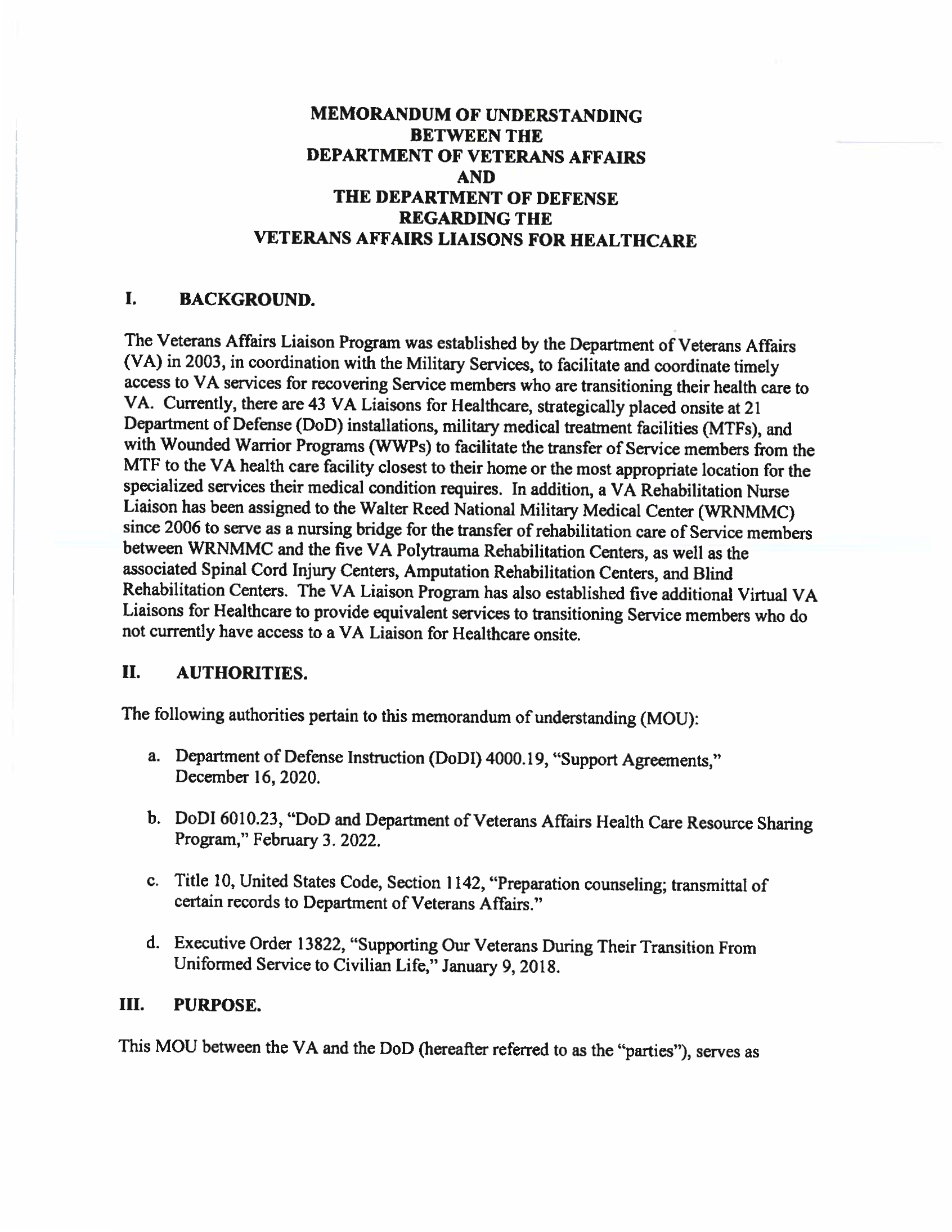 Image of the MOU - VA and DOD - Veterans Affairs Liaisons for Healthcare Image of the MOU - VA and DOD - Veterans Affairs Liaisons for Healthcare